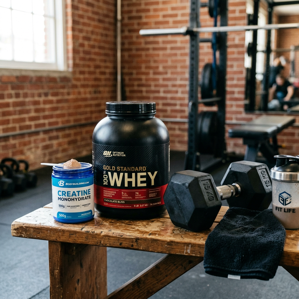 Optimum Nutrition Gold Standard 100% Whey, creatine monohydrate, dumbbells, and Fit Life shaker